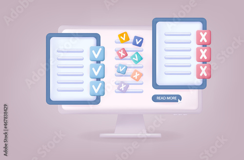 3d digital exam survey online. Confirmed, positive or negative results. Rating, decision, true, false, answers to the questions of the questionnaire, quiz. Form, checklist of electronic survey. Vector