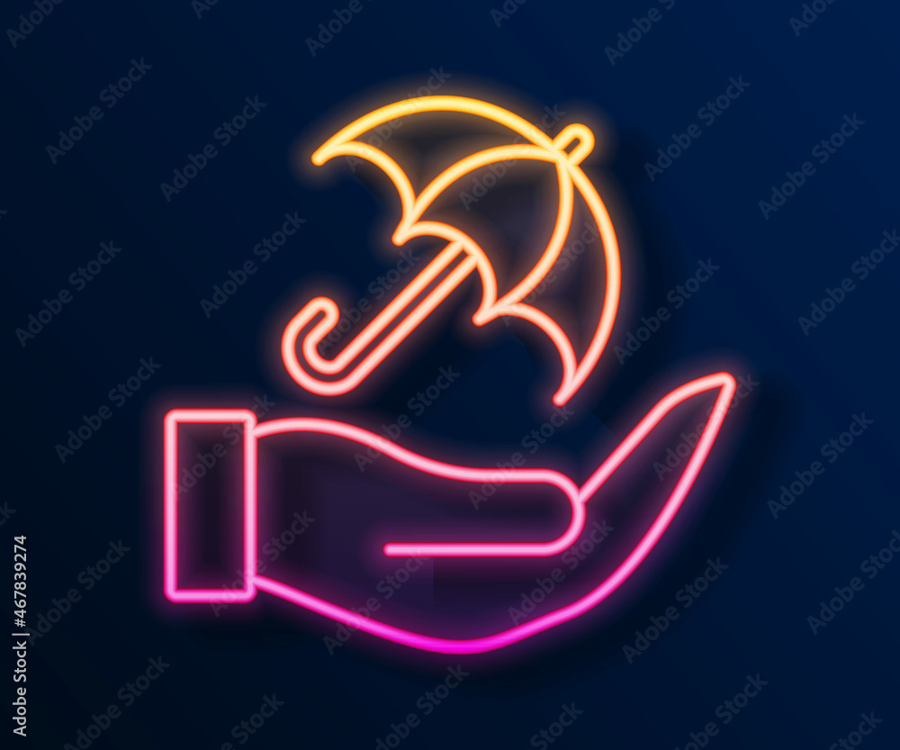 Glowing neon line Umbrella in hand icon isolated on black background. Insurance concept. Waterproof icon. Protection, safety, security concept. Vector Glowing neon line Umbrella in hand icon isolated on black background. Insurance concept. Waterproof icon. Protection, safety, security concept. Vector