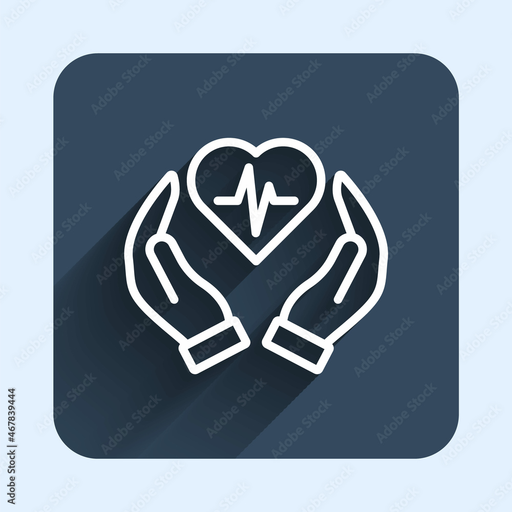 White line Life insurance icon isolated with long shadow background. Security, safety, protection, protect concept. Blue square button. Vector White line Life insurance icon isolated with long shadow background. Security, safety, protection, protect concept. Blue square button. Vector