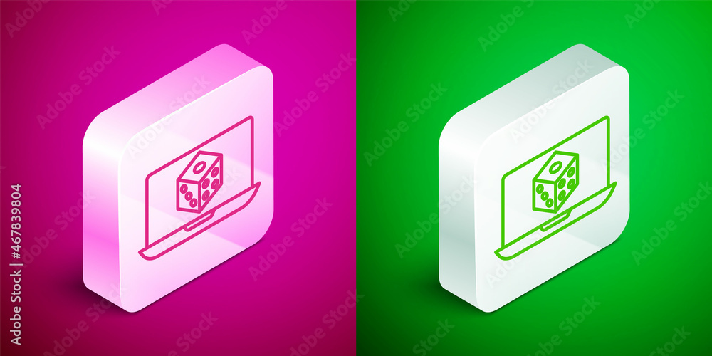 Isometric line Game dice icon isolated on pink and green background. Casino gambling. Silver square button. Vector Isometric line Game dice icon isolated on pink and green background. Casino gambling. Silver square button. Vector