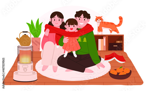 The family gathers together in the living room and is smiling happily. Concept vector illustration of a family spending warm and happy time at home in winter season.