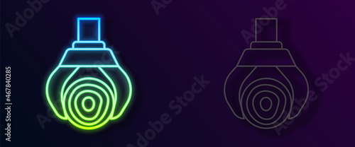 Glowing neon line Grapple crane grabbed a log icon isolated on black background. Forest industry. Industrial crane for lumber trunk wood production. Vector