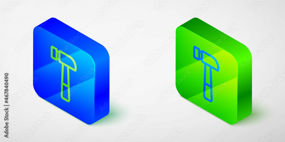 Isometric line Hammer icon isolated on grey background. Tool for repair. Blue and green square button. Vector Isometric line Hammer icon isolated on grey background. Tool for repair. Blue and green square button. Vector