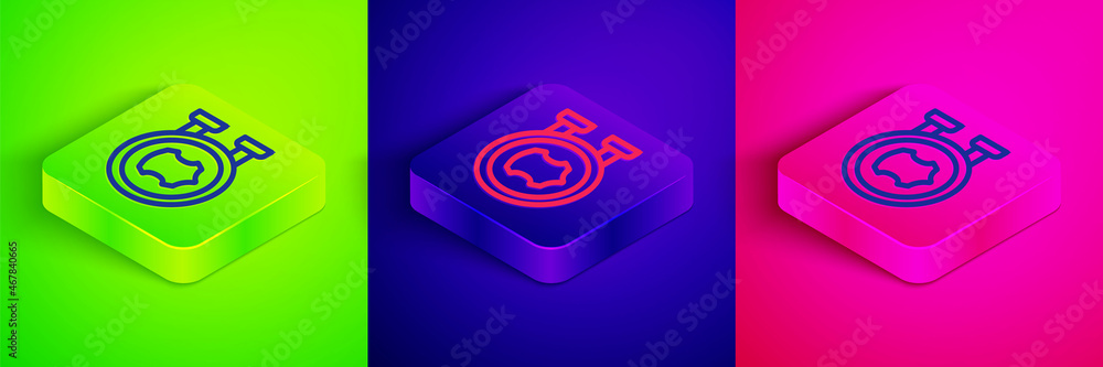 Isometric line Leather icon isolated on green, blue and pink background. Square button. Vector Isometric line Leather icon isolated on green, blue and pink background. Square button. Vector