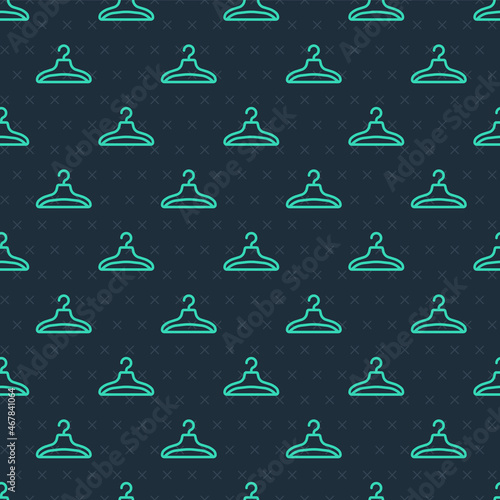 Green line Hanger wardrobe icon isolated seamless pattern on blue background. Cloakroom icon. Clothes service symbol. Laundry hanger sign. Vector
