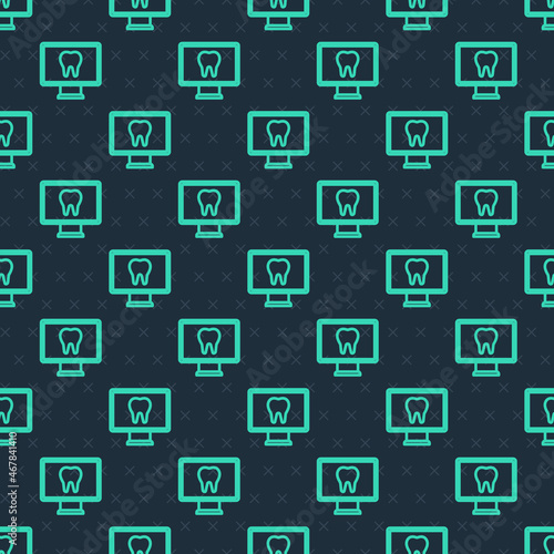 Green line Online dental care icon isolated seamless pattern on blue background. Dental service information call center. Vector