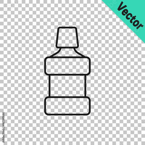 Black line Mouthwash plastic bottle icon isolated on transparent background. Liquid for rinsing mouth. Oralcare equipment. Vector