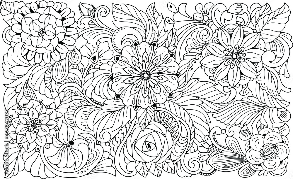 Black and white seamless pattern with flowers background. Hand drawn sketch floral. Colouring book floral.