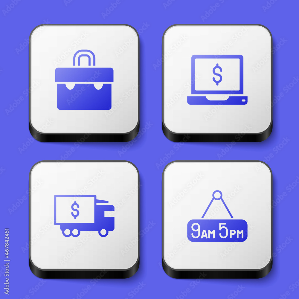 Set Briefcase, Laptop with dollar, Armored truck and From 9 5 job icon. White square button. Vector Set Briefcase, Laptop with dollar, Armored truck and From 9 5 job icon. White square button. Vector