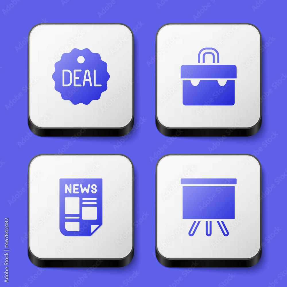 Set Deal, Briefcase, News and Chalkboard icon. White square button. Vector Set Deal, Briefcase, News and Chalkboard icon. White square button. Vector