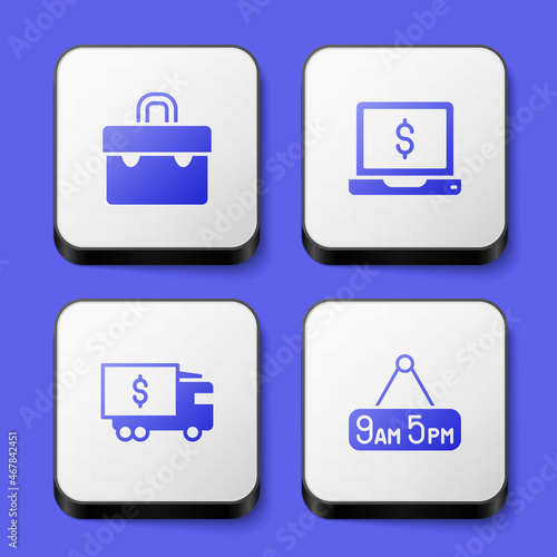 Set Briefcase, Laptop with dollar, Armored truck and From 9 5 job icon. White square button. Vector