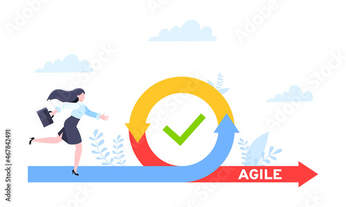 Agile development methodology business concept flat style design vector illustration isolated on white background. Agile life cycle for software development diagram. Business person run into project.