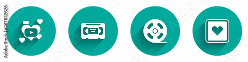 Set Romantic movie, VHS video cassette tape, Film reel and Like heart icon with long shadow. Vector