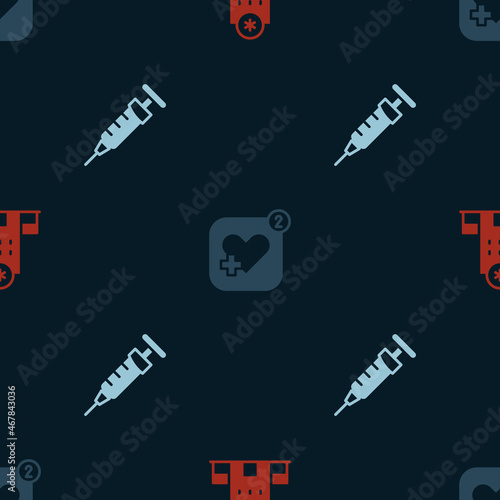 Set Hospital building, Mobile with heart rate and Syringe on seamless pattern. Vector