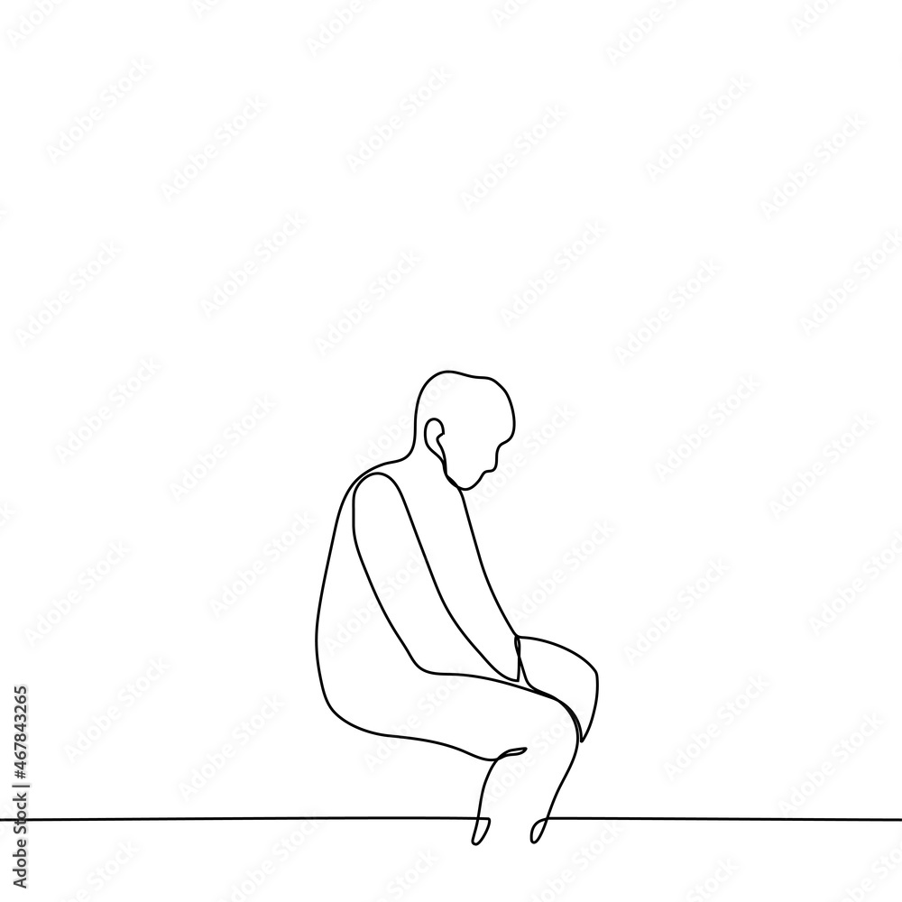 man with drooping shoulders sits on bed with his hands sandwiched between thighs - one line drawing vector. concept of heavy morning awakening, depression, apathy, fatigue, burnout man with drooping shoulders sits on bed with his hands sandwiched between thighs - one line drawing vector. concept of heavy morning awakening, depression, apathy, fatigue, burnout
