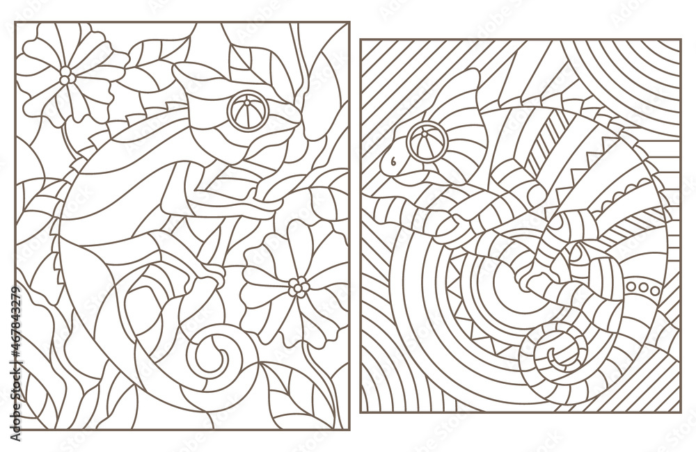 A set of contour illustrations of stained glass Windows with abstract chameleons, dark outlines on a white background, rectangular images