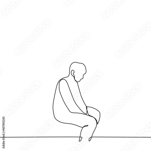 man with drooping shoulders sits on bed with his hands sandwiched between thighs - one line drawing vector. concept of heavy morning awakening, depression, apathy, fatigue, burnout