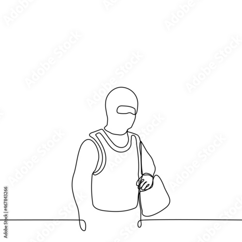 man in balaclava in body armor with a big bag on his left shoulder - one line drawing vector. bank robber concept, law enforcement representative