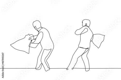 two men are fighting with pillows - one line drawing vector. adult game concept