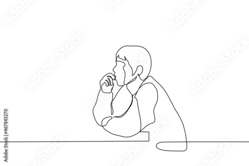 man sits at the table thinking or listening in surprise with his mouth open - one line drawing vector. the concept of shock, surprise, attentive listening, reflection, intense mental work