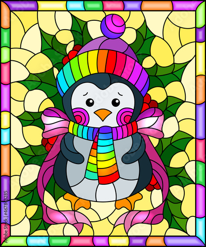 Illustration in stained glass style on the theme of the winter holidays of Christmas and New year, a toy penguin on the background of Holly branches