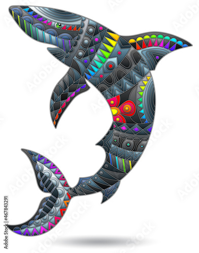 A stained glass illustration with an abstract bright shark, an animal isolated on a white background
