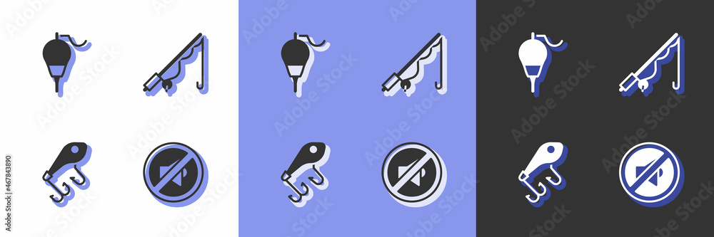 Set Speaker mute, Fishing float, lure and rod icon. Vector Set Speaker mute, Fishing float, lure and rod icon. Vector