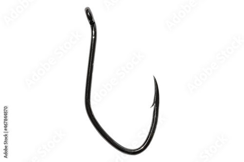 Large steel fishing hook isolated on white background. Fishing gear.