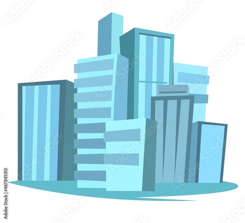 Big city from afar. Skyscrapers and large buildings. Cartoon flat style illustration. Blue city landscape Cityscape. Isolated on white background. Vector.