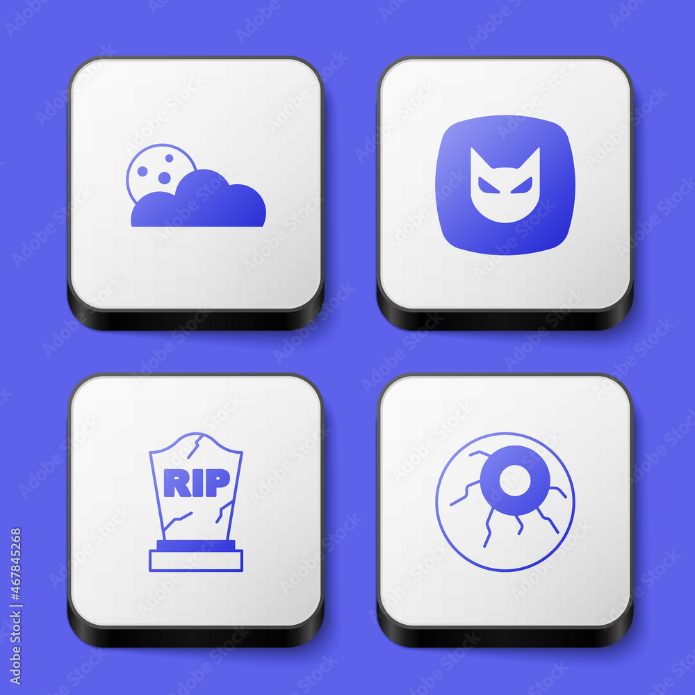 Set Moon and stars, Black cat, Tombstone with RIP written and Eye icon. White square button. Vector