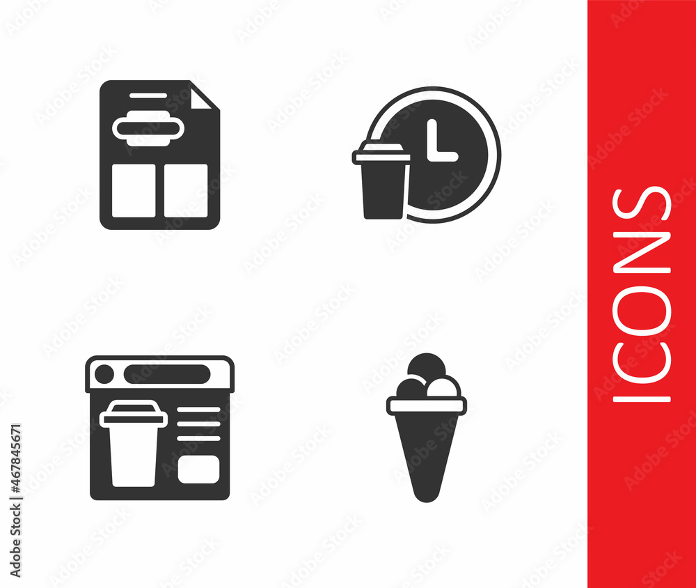 Set Ice cream in waffle, Restaurant cafe menu, Online ordering food and Round the clock delivery icon. Vector Set Ice cream in waffle, Restaurant cafe menu, Online ordering food and Round the clock delivery icon. Vector