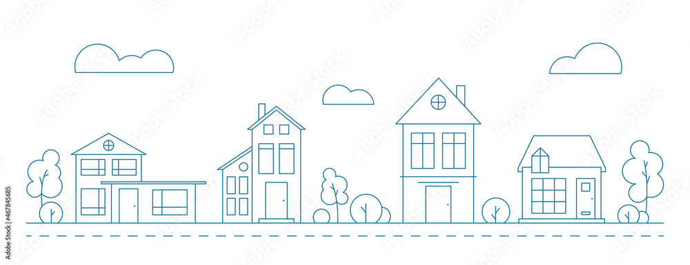 Line art vector neighborhood illustration with houses. Cityscape with blue residential buildings.