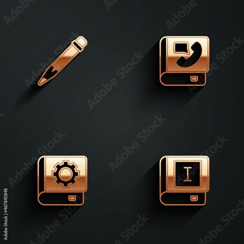 Set Pencil with eraser, Phone book, User manual and Book icon with long shadow. Vector