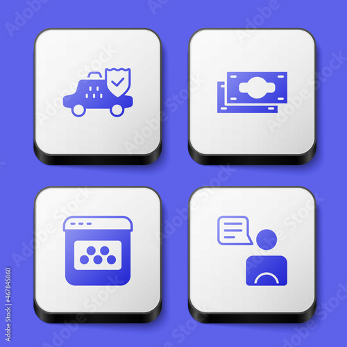 Set Taxi car insurance, Stacks paper money cash, mobile app and driver icon. White square button. Vector © Iryna