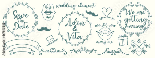 Hand drawn doodle wedding collection. Vector illustration sketchy marriage icons for wedding day  love and romantic events bride groom heart cupid engagement ring tricycle invitation