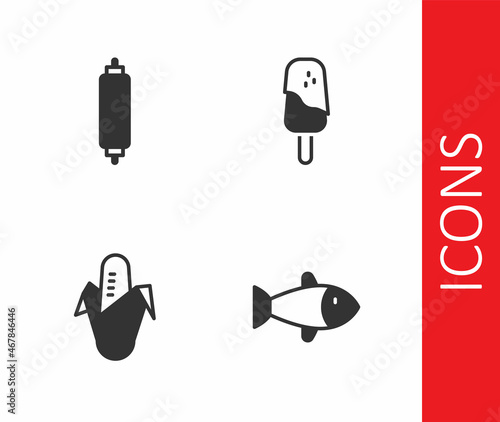 Set Fish, Rolling pin, Corn and Ice cream icon. Vector