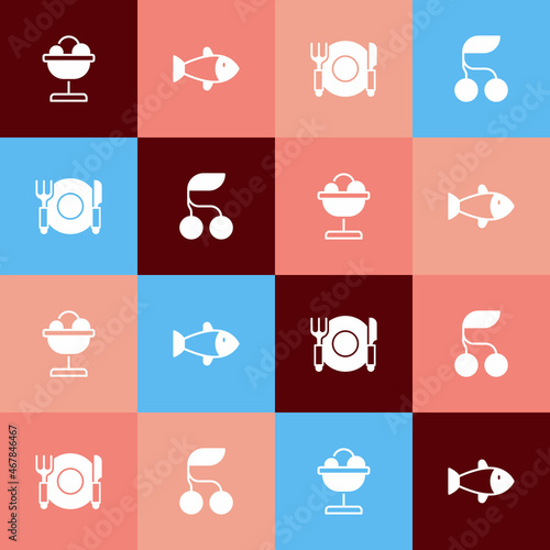 Set pop art Ice cream in the bowl, Fish, Plate, fork and knife and Fresh berries icon. Vector