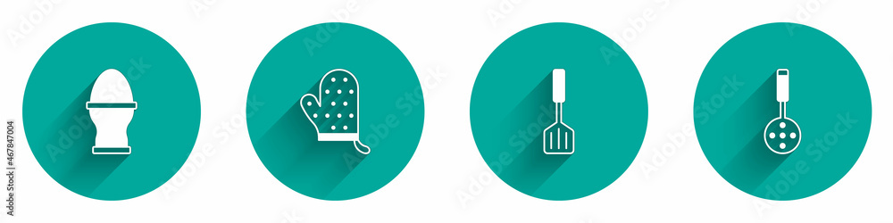 Set Chicken egg on a stand, Oven glove, Spatula and icon with long shadow. Vector Set Chicken egg on a stand, Oven glove, Spatula and icon with long shadow. Vector