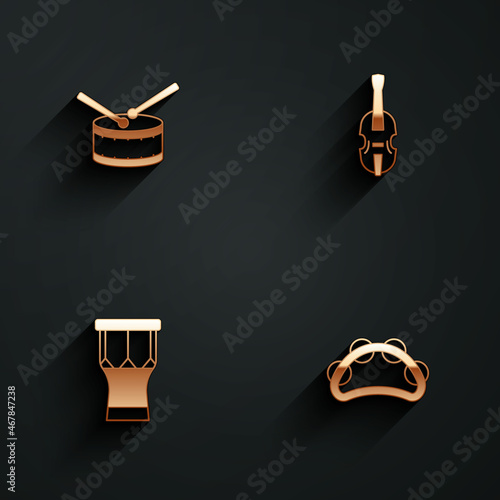 Set Drum with drum sticks, Violin, African percussion and Tambourine icon with long shadow. Vector