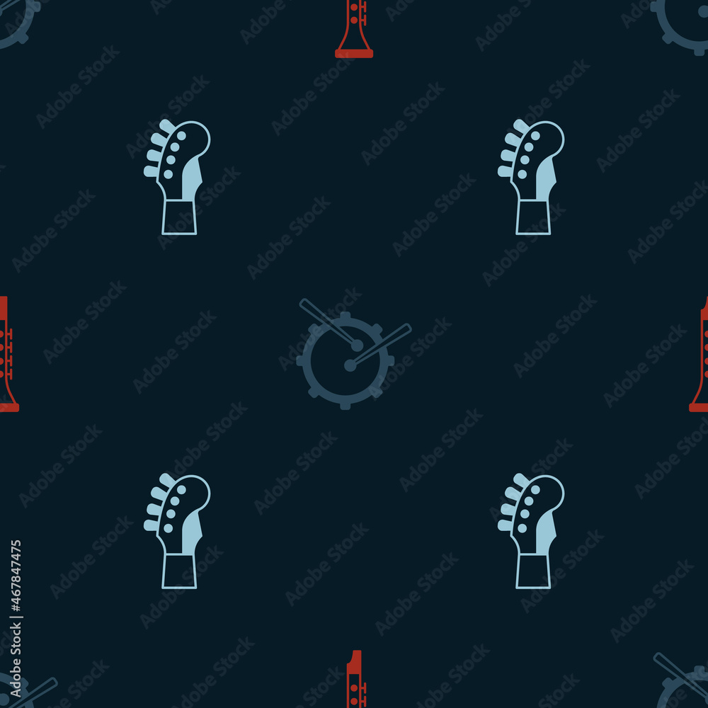 Set Clarinet, Drum with drum sticks and Guitar neck on seamless pattern. Vector Set Clarinet, Drum with drum sticks and Guitar neck on seamless pattern. Vector