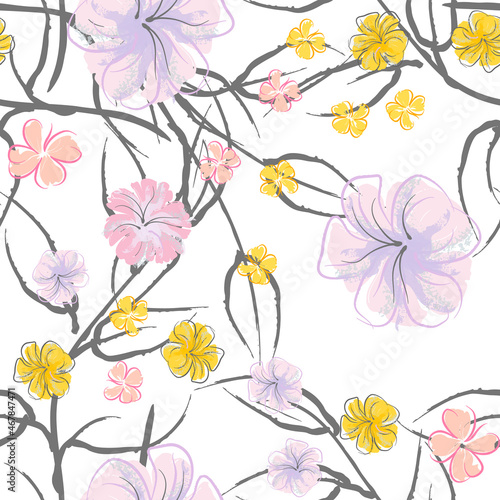 Pink Flowers Blooming Pattern. Pastel Watercolor.