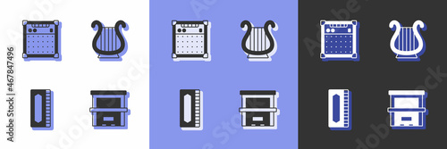 Set Piano, Guitar amplifier, Harmonica and Ancient Greek lyre icon. Vector