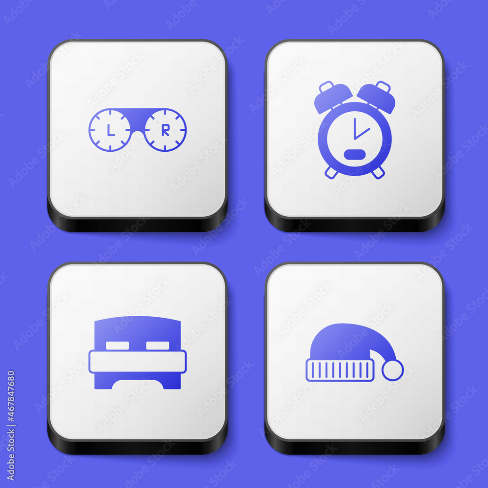 Set Contact lens container, Alarm clock, Big bed and Sleeping hat icon. White square button. Vector Set Contact lens container, Alarm clock, Big bed and Sleeping hat icon. White square button. Vector