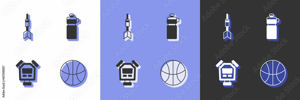 Set Basketball ball, Dart arrow, Stopwatch and Fitness shaker icon. Vector Set Basketball ball, Dart arrow, Stopwatch and Fitness shaker icon. Vector