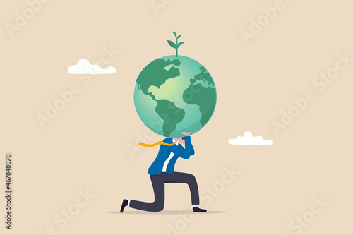 Climate change and global warming responsibility, world leader commitment to take care our planet earth concept, businessman in atlas pose carrying green globe with seedling plant on his shoulder. photo