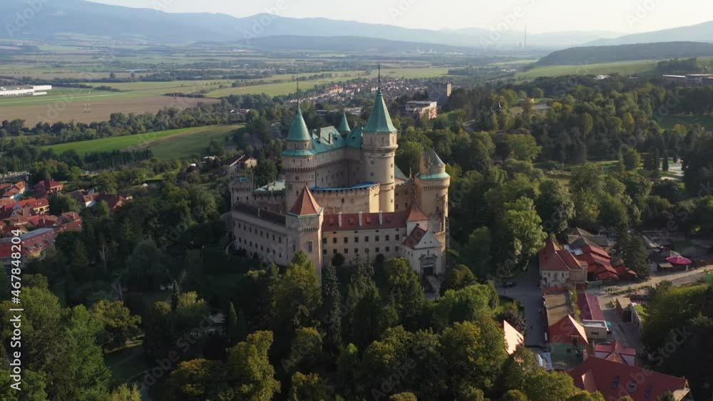 Rotating drone shot of Bojnice Castle, Castle Of Spirits, in Slovakia Rotating drone shot of Bojnice Castle, Castle Of Spirits, in Slovakia
