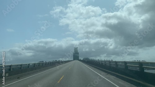 View Through Windshield Of A Car Driving On Astoria-Megler Bridge In Astoria, Oregon. POV photo