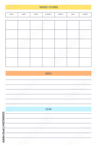 monthly personal planner diary template in classic strict style with multicolor elements. Monthly calendar individual schedule minimalism restrained design for business notebook. Week starts on sunday