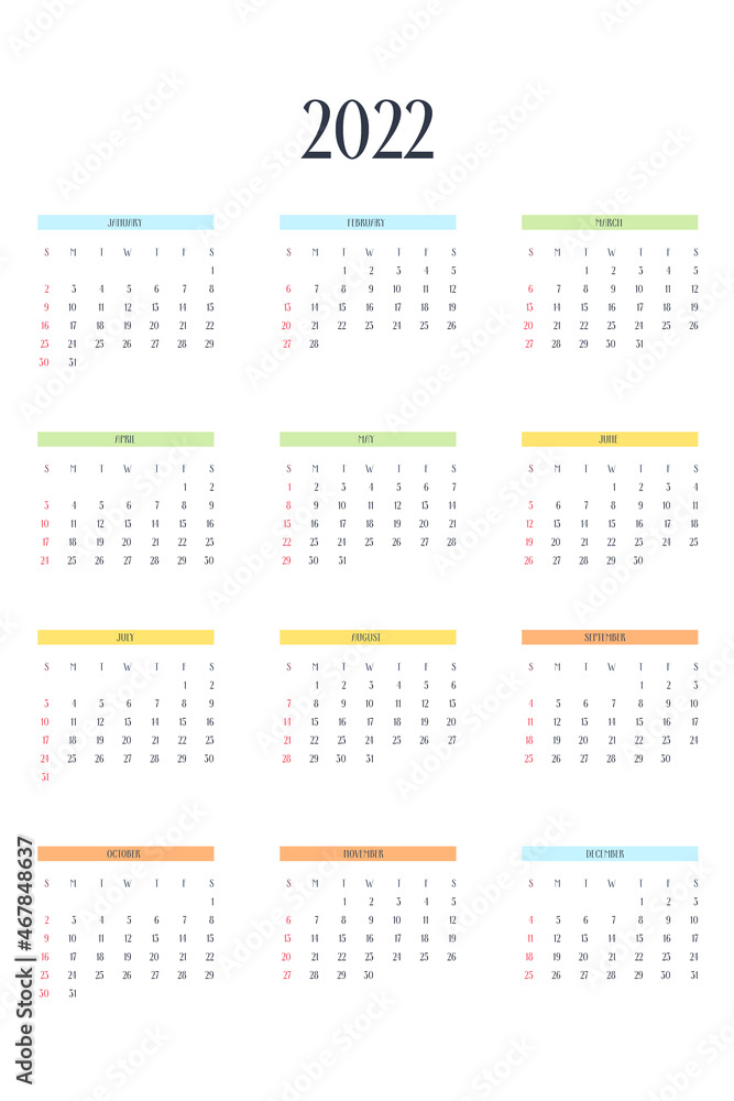 2022 calendar template in classic strict style with multicolor elements. Monthly calendar individual schedule minimalism restrained design for business notebook. Week starts on sunday 2022 calendar template in classic strict style with multicolor elements. Monthly calendar individual schedule minimalism restrained design for business notebook. Week starts on sunday