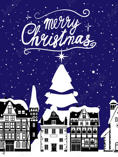 Retro poster Merry Christmas  winter Europe old town cityscape  Christmas tree. Urban landscape greeting card. Vector illustration cartoon retro style